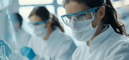 Two scientists wearing protective gear are intently focused on a laboratory experiment.