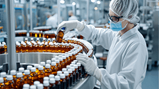 A worker in protective gear carefully inspects a conveyor belt filled with medicine bottles in a pharmaceutical manufacturing facility.